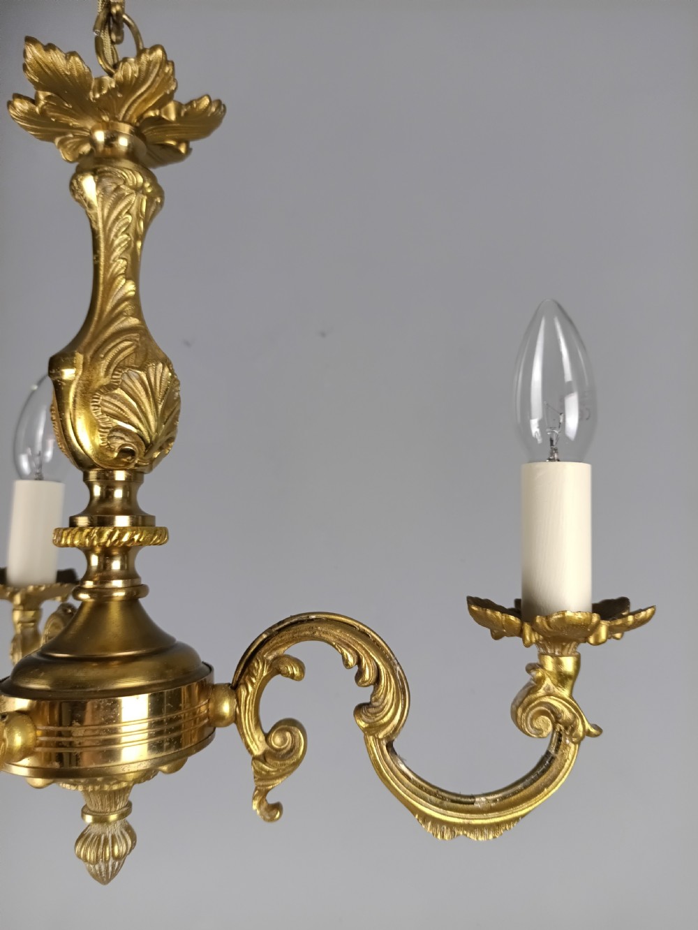 French Gilded Brass Triple Light Antique Chandelier  View V