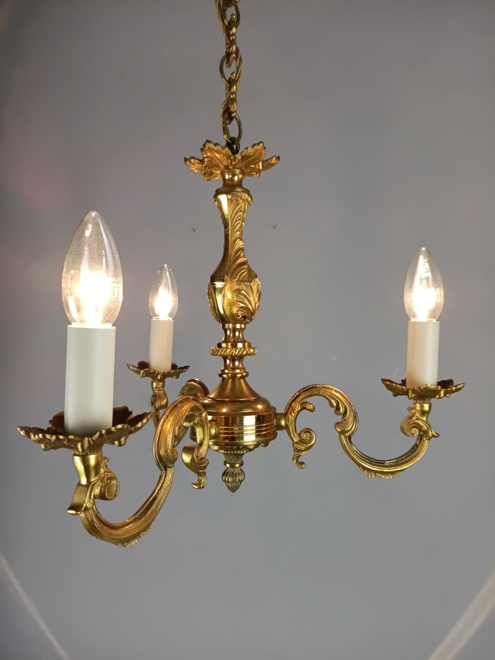 French Gilded Brass Triple Light Antique Chandelier  View VII