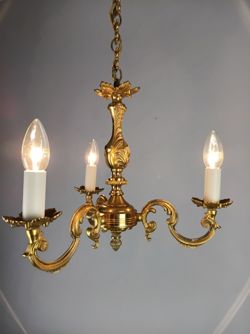 French Gilded Brass Triple Light Antique Chandelier  View VIII
