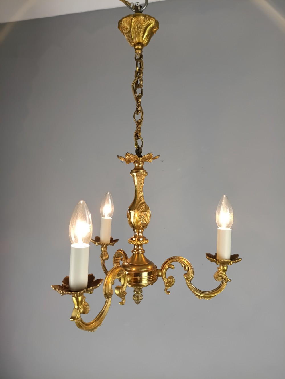French Gilded Brass Triple Light Antique Chandelier  View IX