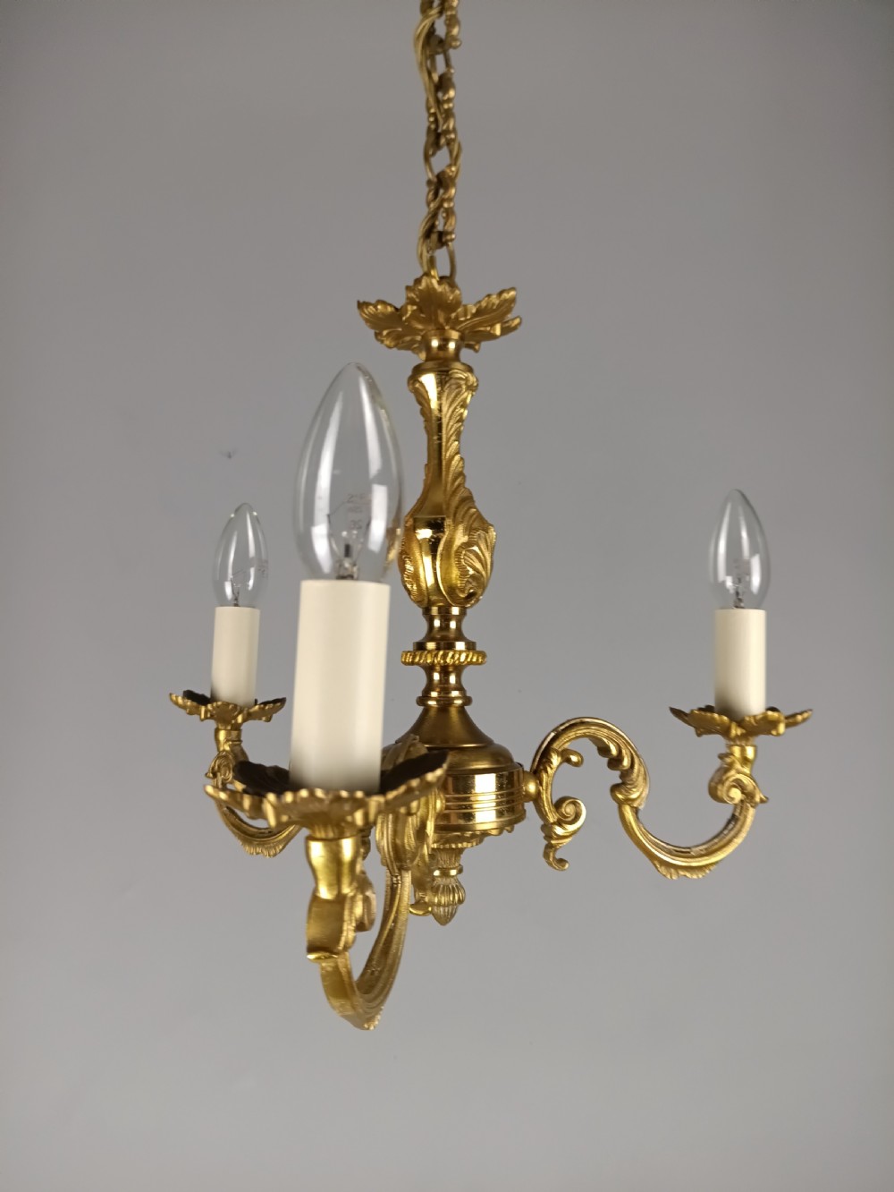French Gilded Brass Triple Light Antique Chandelier  View X