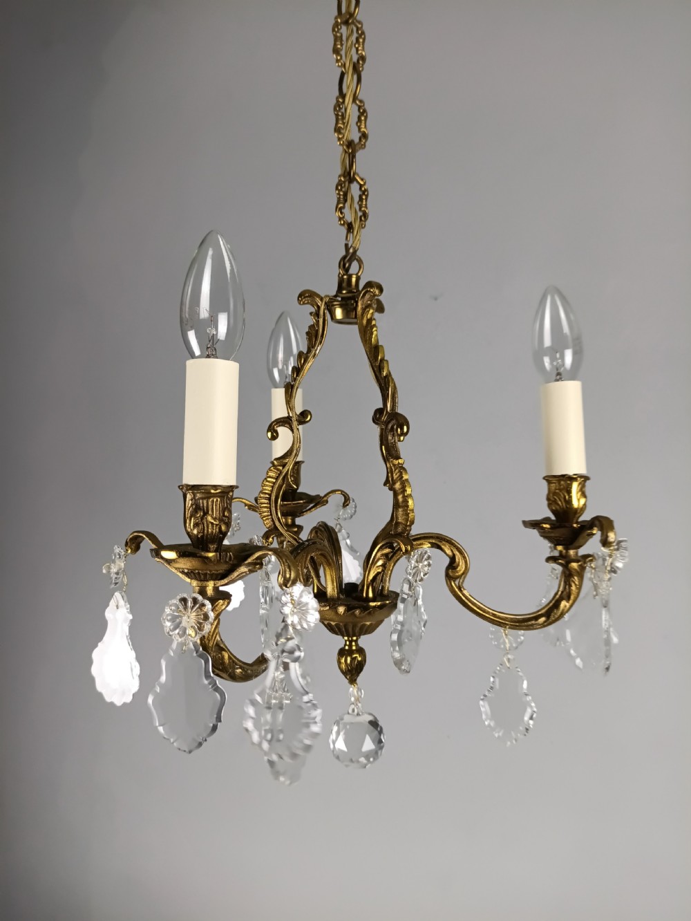 French Gilt Brass Crystal Triple Light Antique Chandelier 