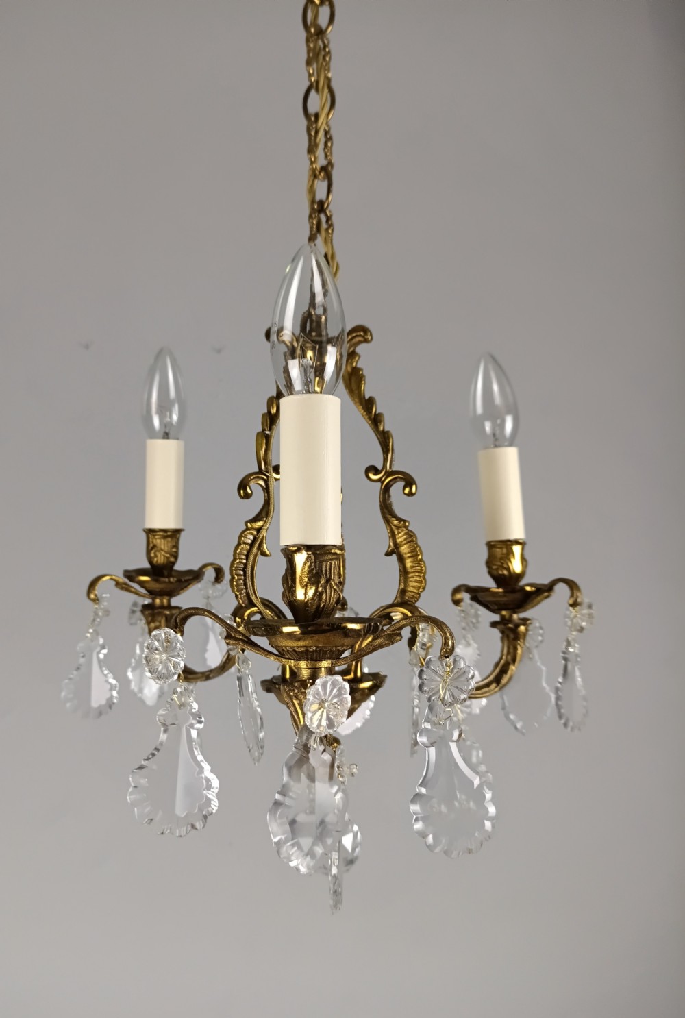 French Gilt Brass Crystal Triple Light Antique Chandelier  View II