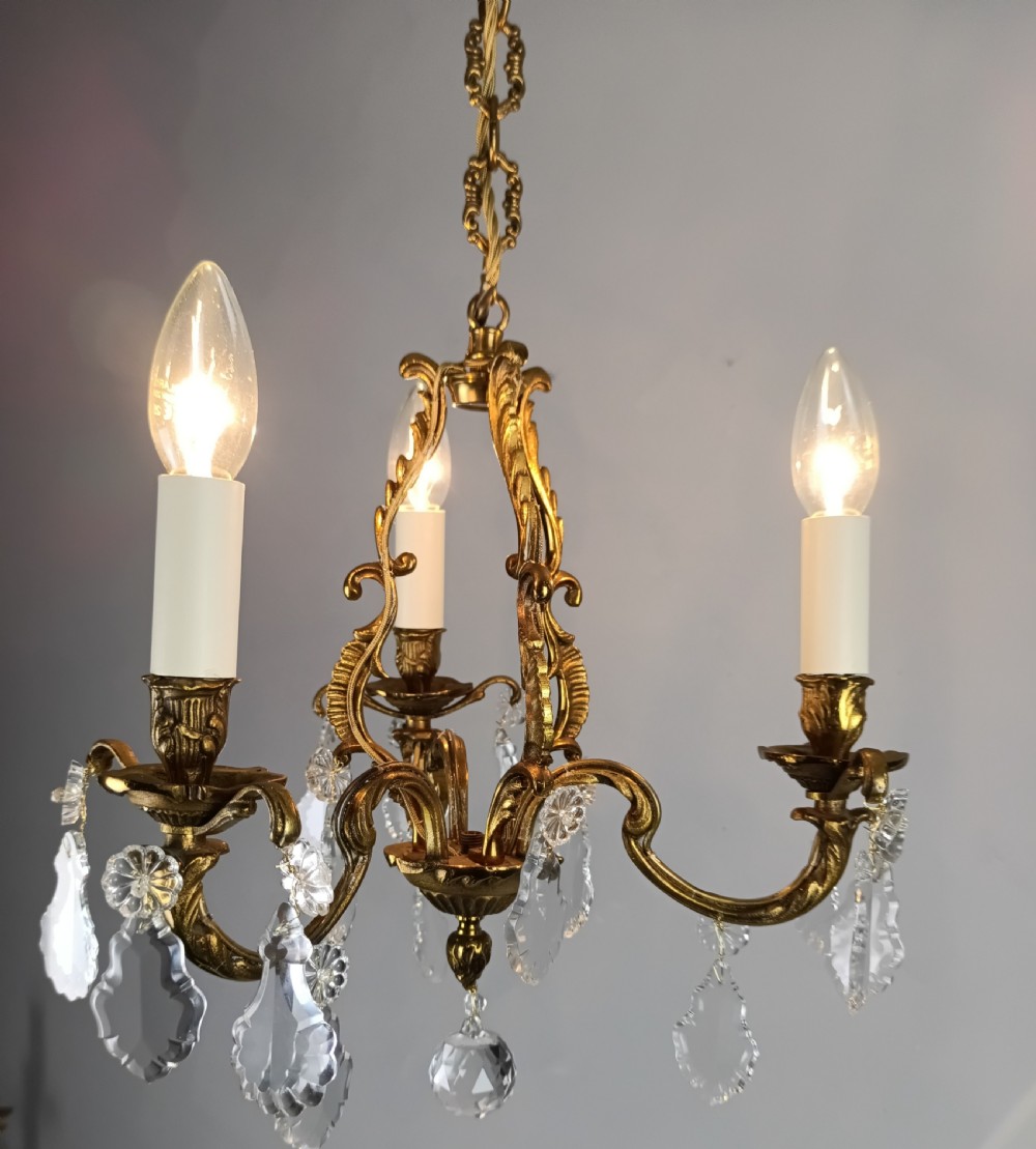 French Gilt Brass Crystal Triple Light Antique Chandelier  View III
