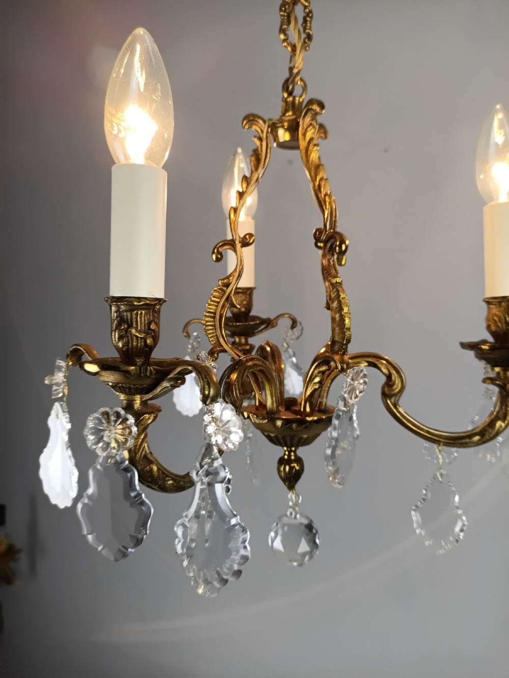 French Gilt Brass Crystal Triple Light Antique Chandelier  View IV