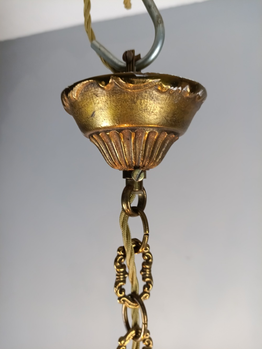 French Gilt Brass Crystal Triple Light Antique Chandelier  View V
