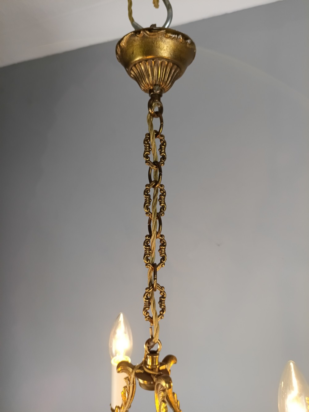 French Gilt Brass Crystal Triple Light Antique Chandelier  View VI