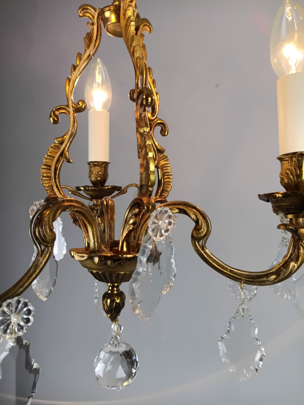 French Gilt Brass Crystal Triple Light Antique Chandelier  View VII