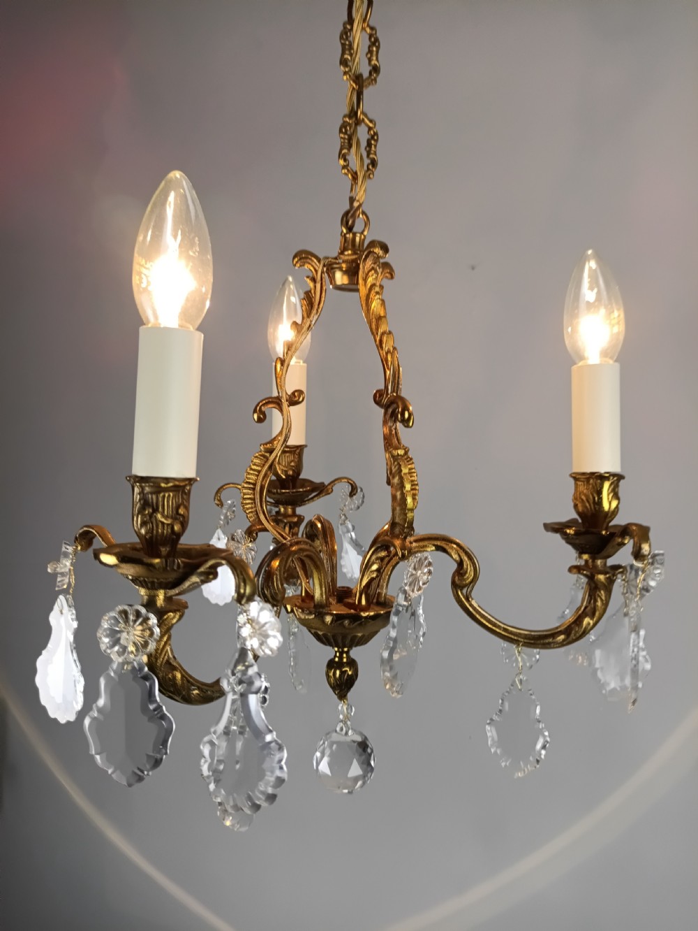 French Gilt Brass Crystal Triple Light Antique Chandelier  View VIII