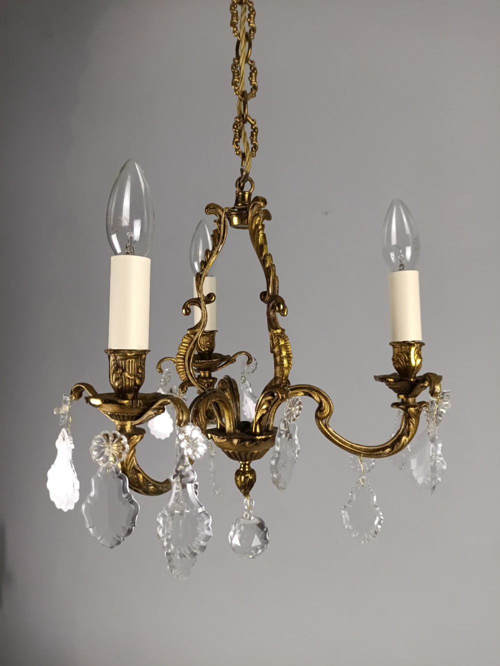 French Gilt Brass Crystal Triple Light Antique Chandelier  View IX