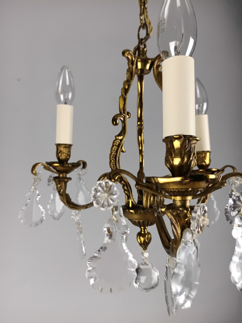 French Gilt Brass Crystal Triple Light Antique Chandelier  View X