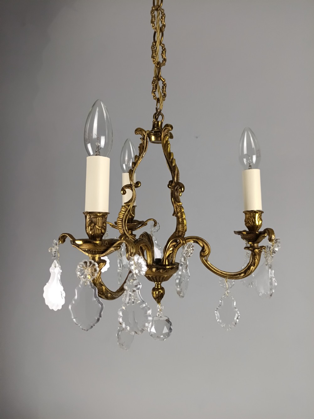 French Gilt Brass Crystal Triple Light Antique Chandelier  View XI