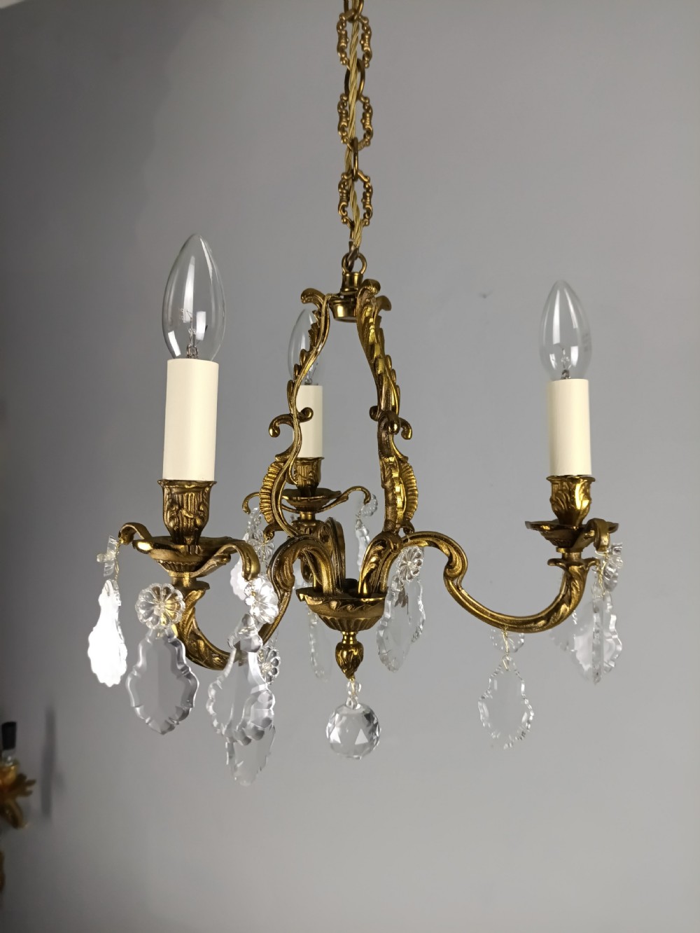 French Gilt Brass Crystal Triple Light Antique Chandelier  View XII