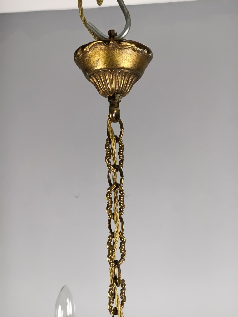 French Gilt Brass Crystal Triple Light Antique Chandelier  View XIII