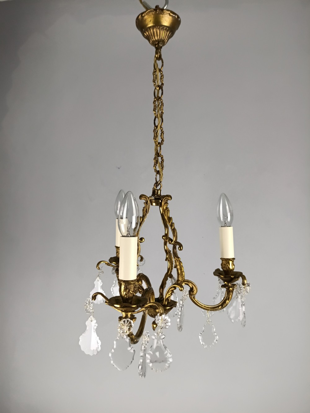French Gilt Brass Crystal Triple Light Antique Chandelier  View XIV