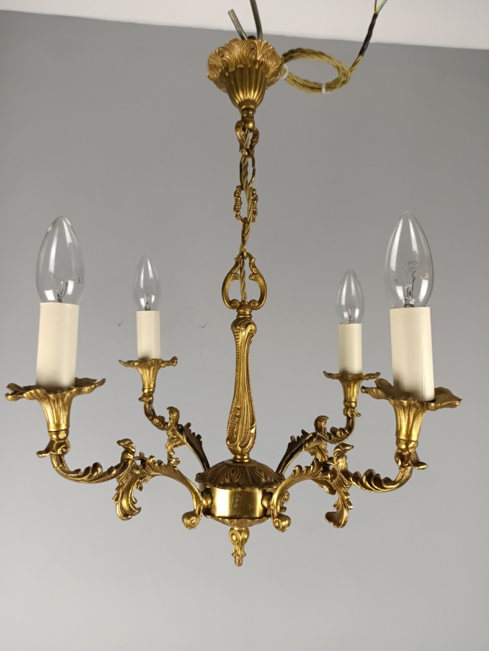 French 4 Light Gilt Brass Chandelier 