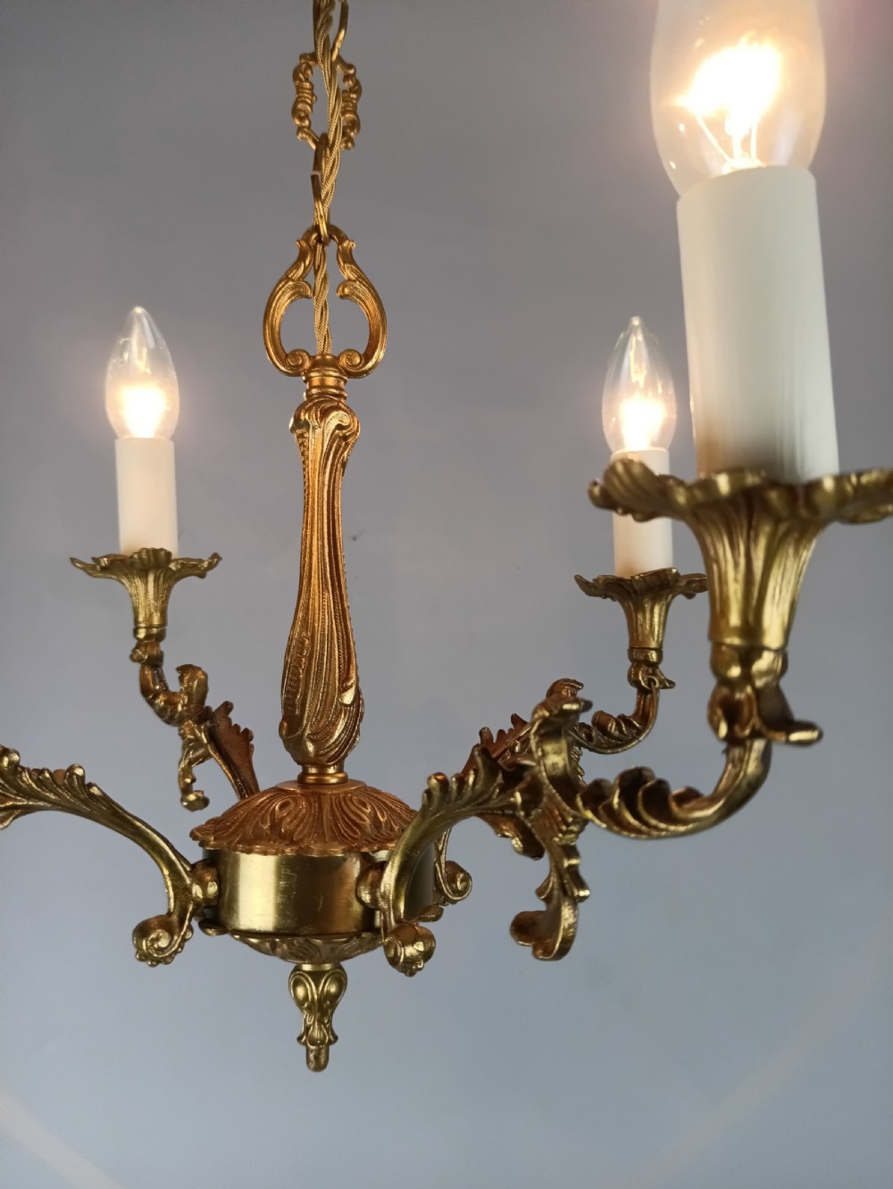 French 4 Light Gilt Brass Chandelier  View II