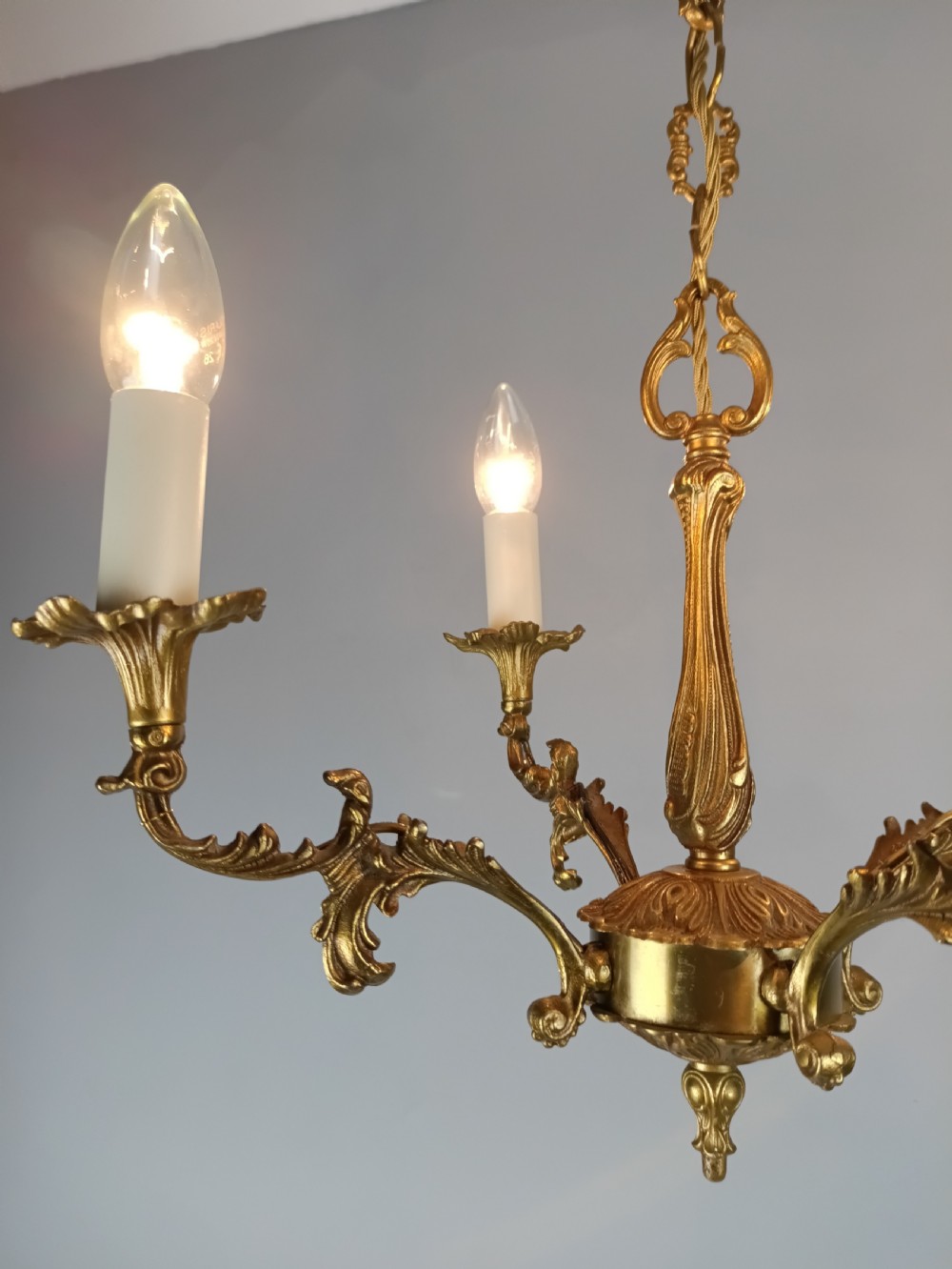 French 4 Light Gilt Brass Chandelier  View III