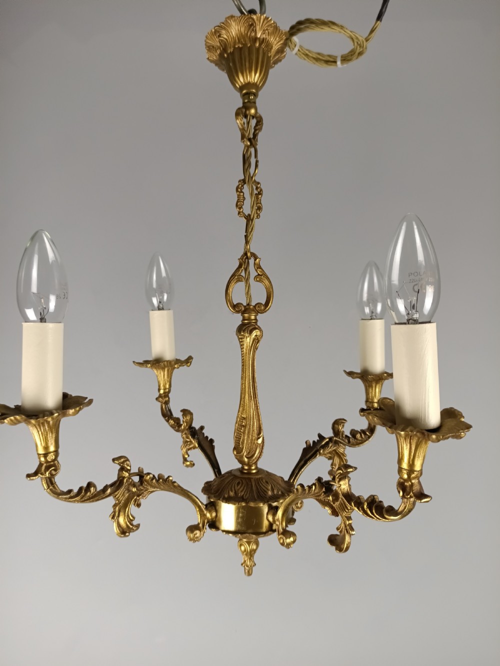 French 4 Light Gilt Brass Chandelier  View VI