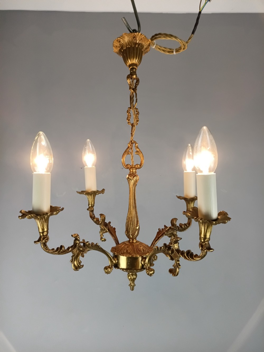 French 4 Light Gilt Brass Chandelier  View IX