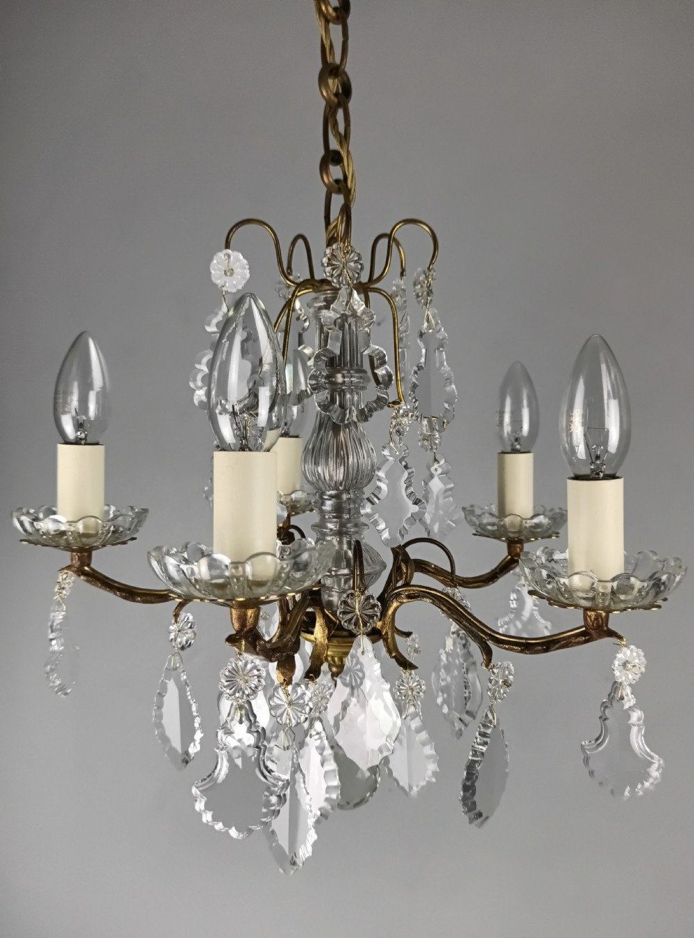 French Gilded & Crystal 5 Light Chandelier View II