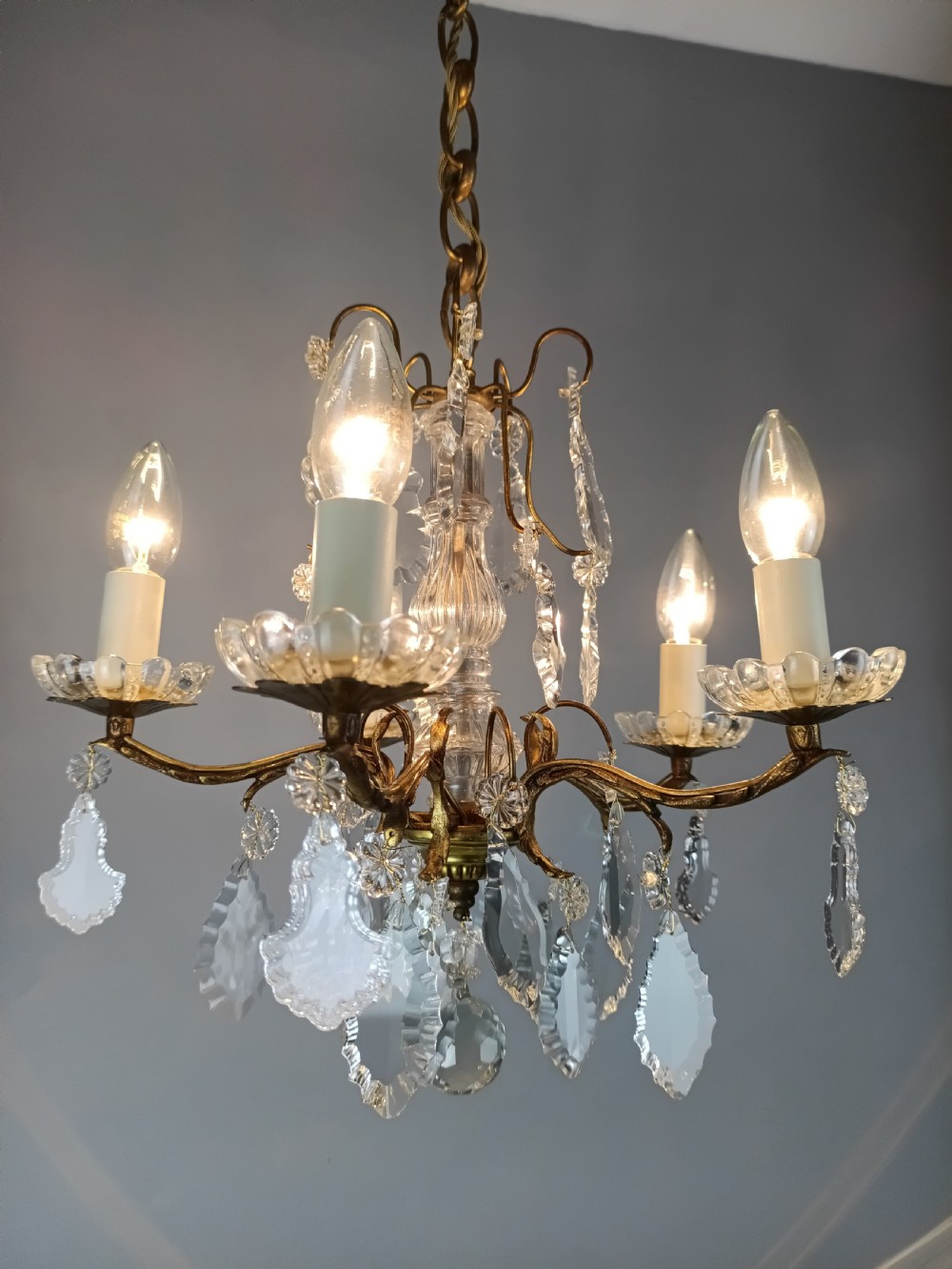 French Gilded & Crystal 5 Light Chandelier