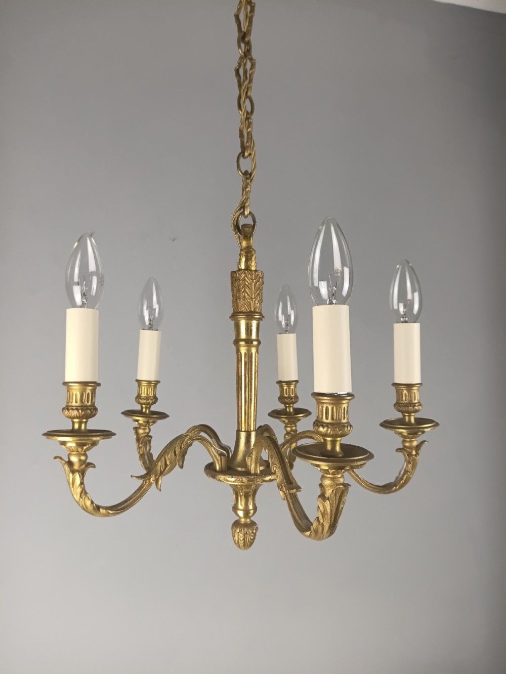 French Gilt Brass Empire 5 Light Antique Chandelier