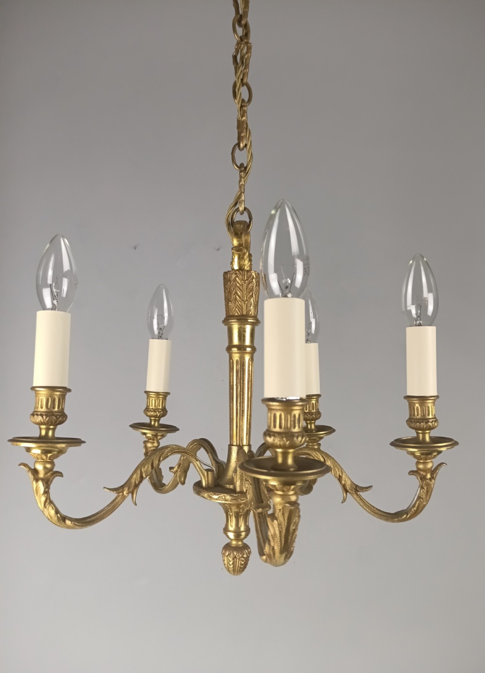 French Gilt Brass Empire 5 Light Antique Chandelier View II