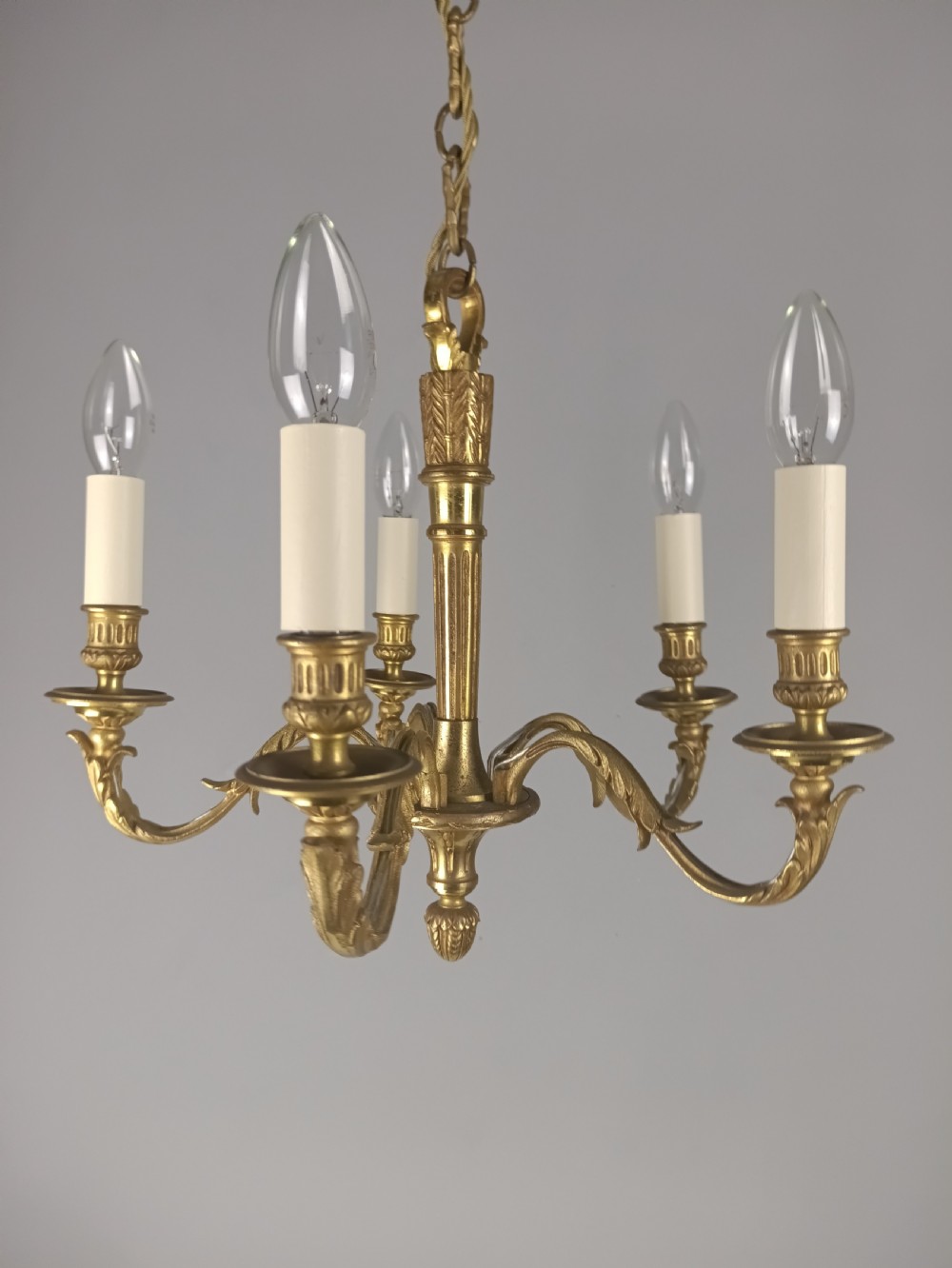 French Gilt Brass Empire 5 Light Antique Chandelier View IV