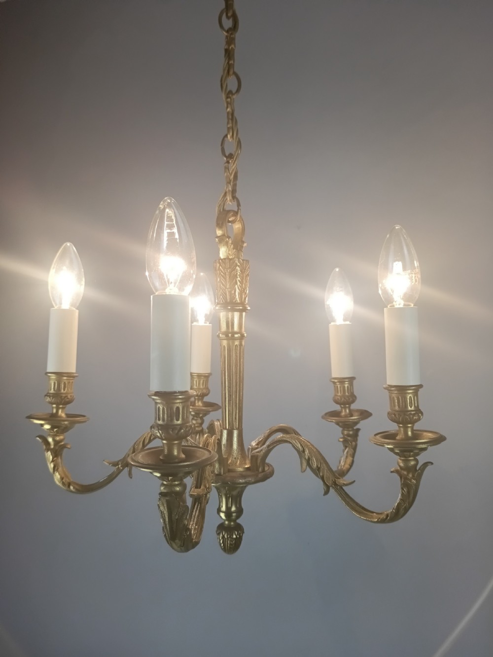French Gilt Brass Empire 5 Light Antique Chandelier View VII