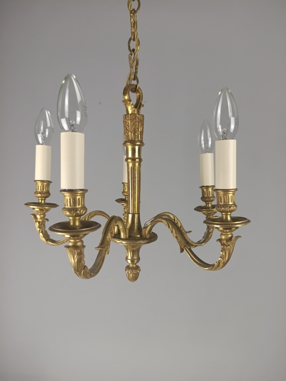 French Gilt Brass Empire 5 Light Antique Chandelier View VIII