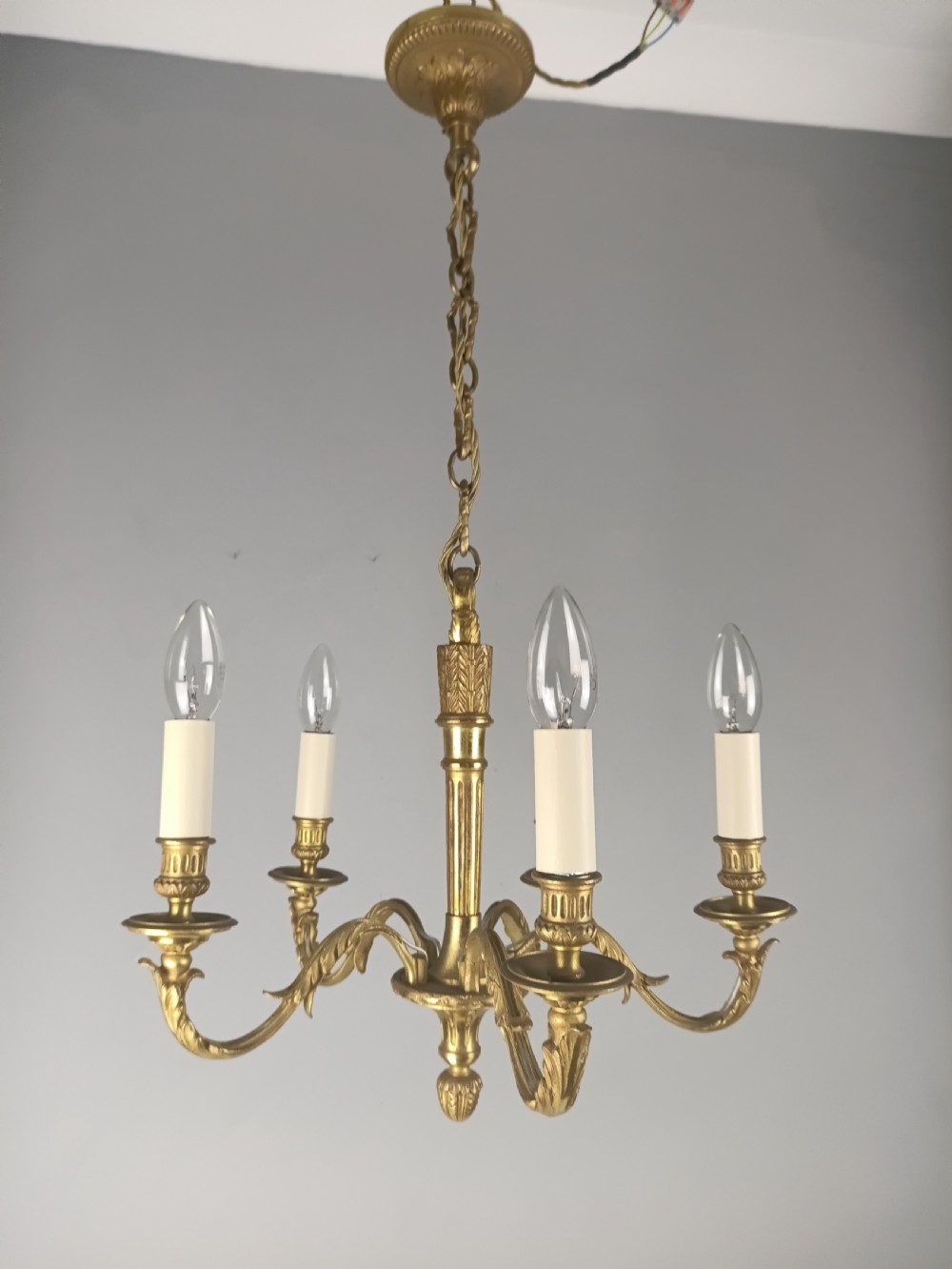 French Gilt Brass Empire 5 Light Antique Chandelier View X