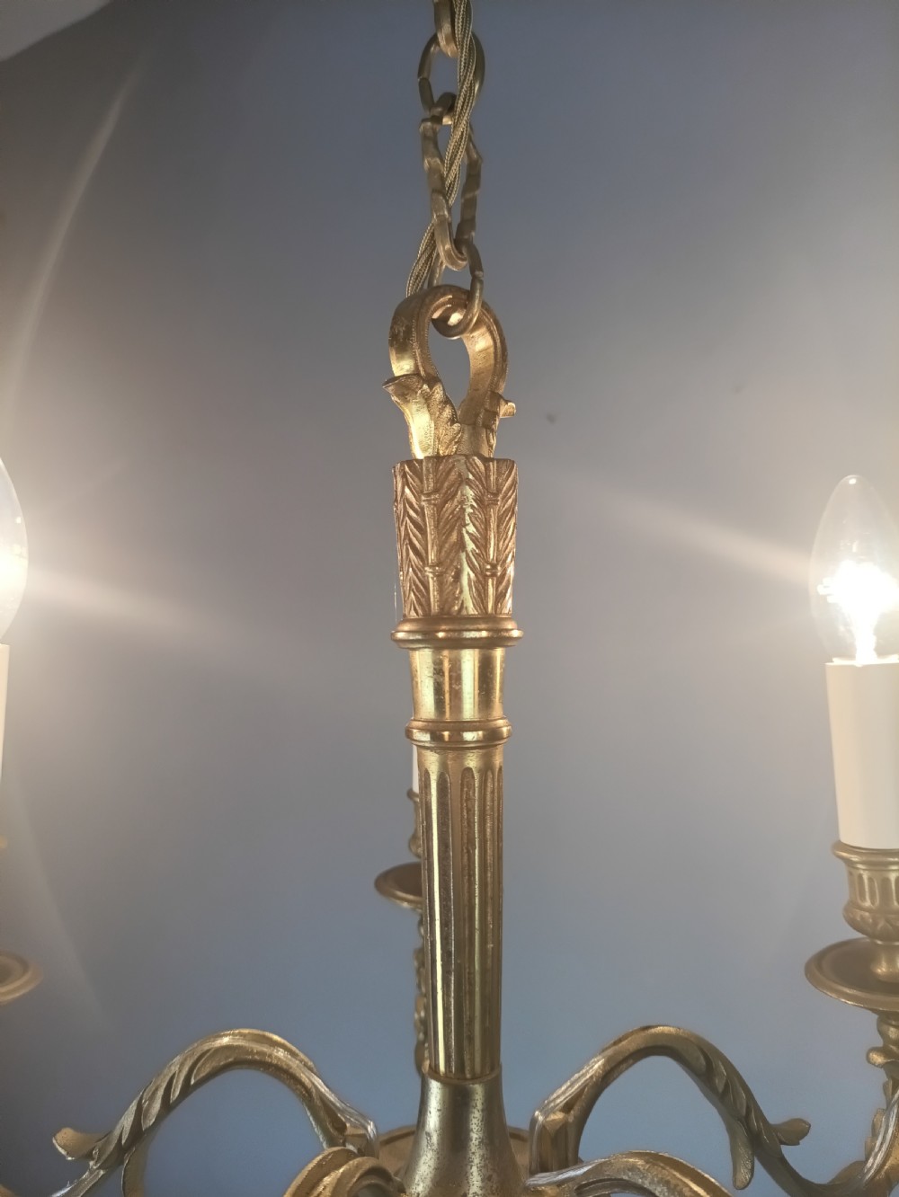 French Gilt Brass Empire 5 Light Antique Chandelier View XI