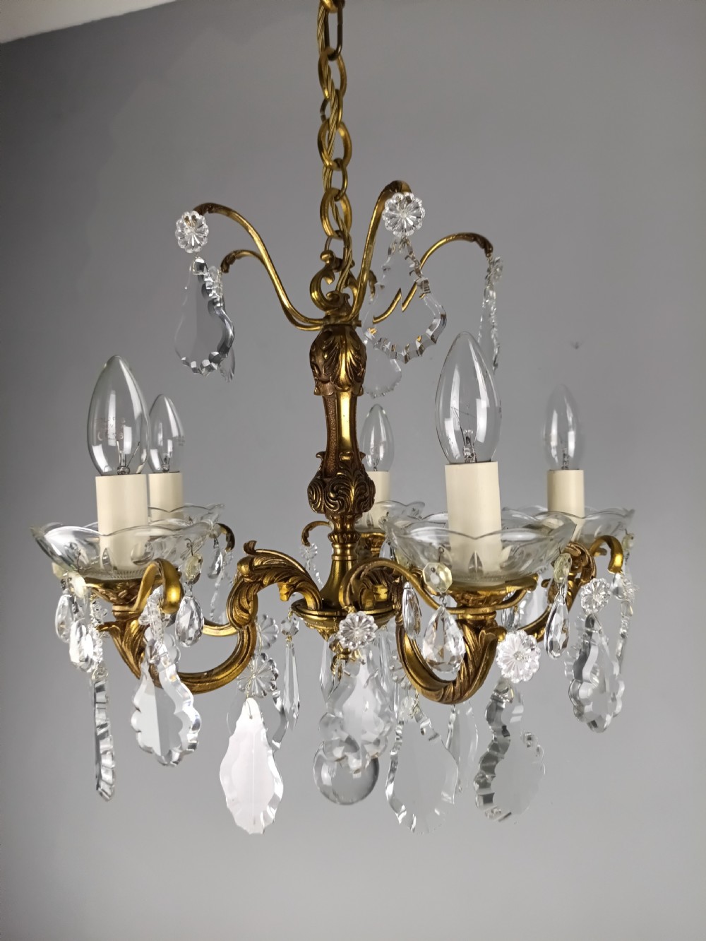 French Gilded Bronze & Crystal 5 Light Chandelier