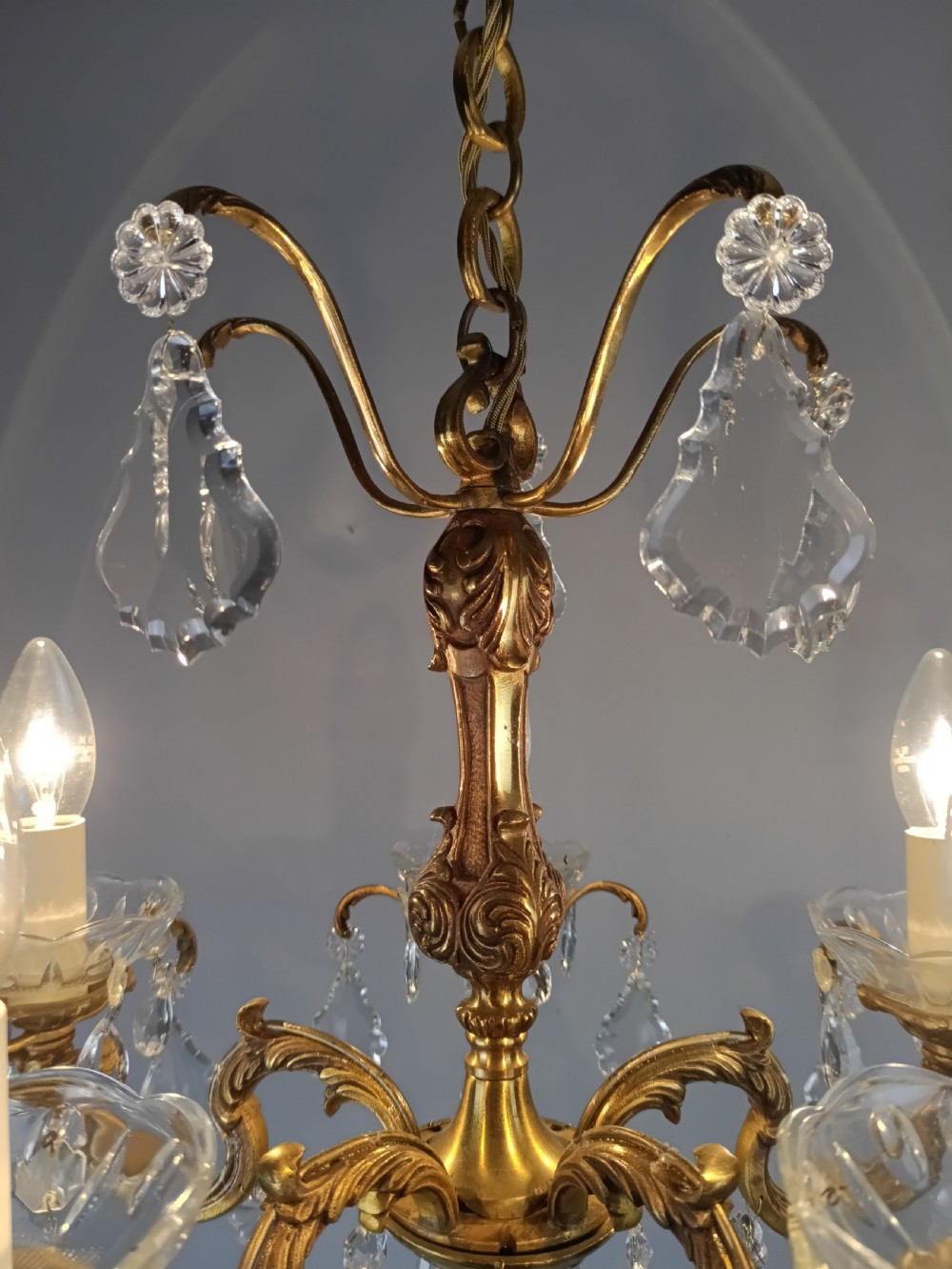 French Gilded Bronze & Crystal 5 Light Chandelier View II
