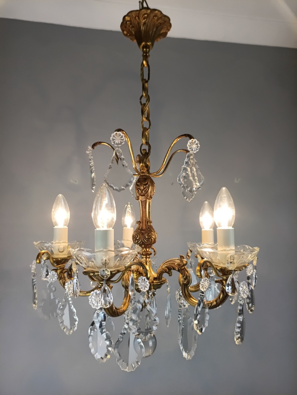 French Gilded Bronze & Crystal 5 Light Chandelier View III