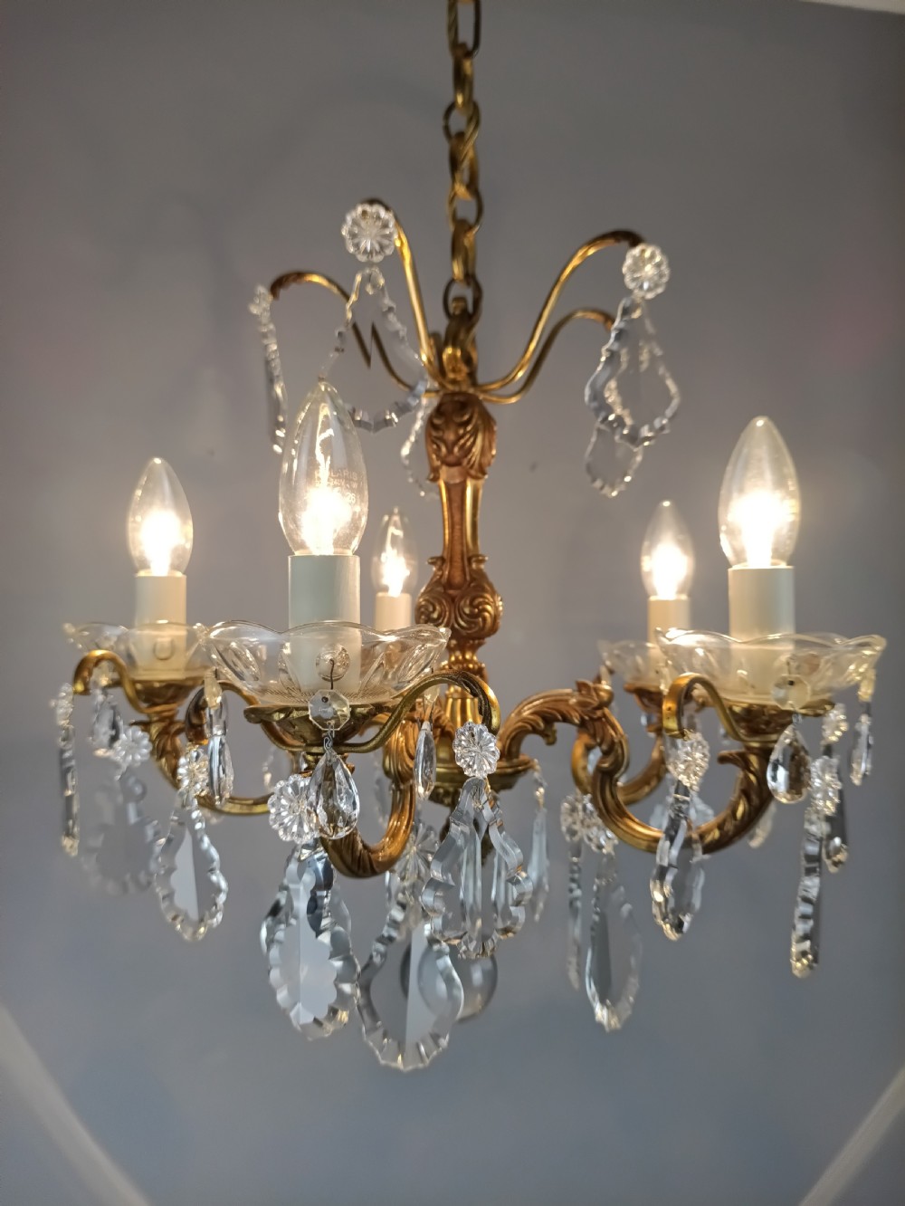 French Gilded Bronze & Crystal 5 Light Chandelier View IV