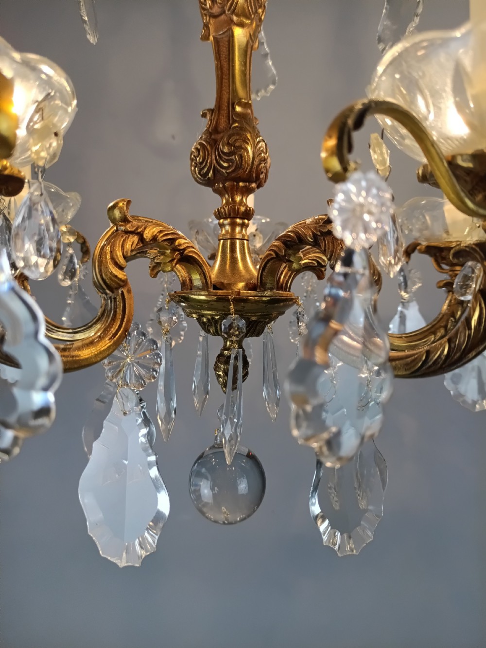 French Gilded Bronze & Crystal 5 Light Chandelier View V