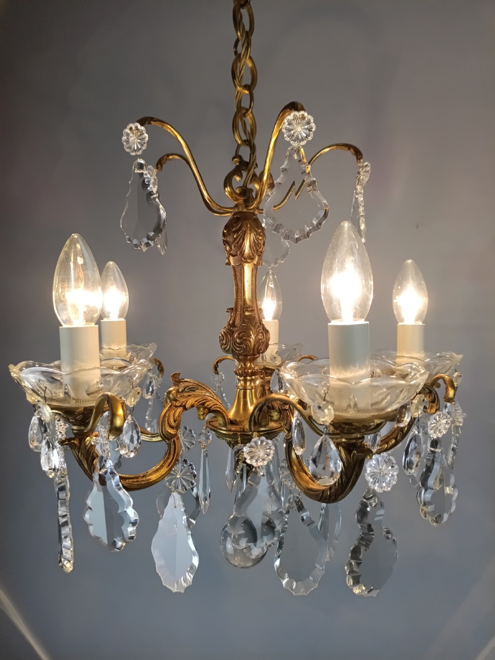 French Gilded Bronze & Crystal 5 Light Chandelier View VI