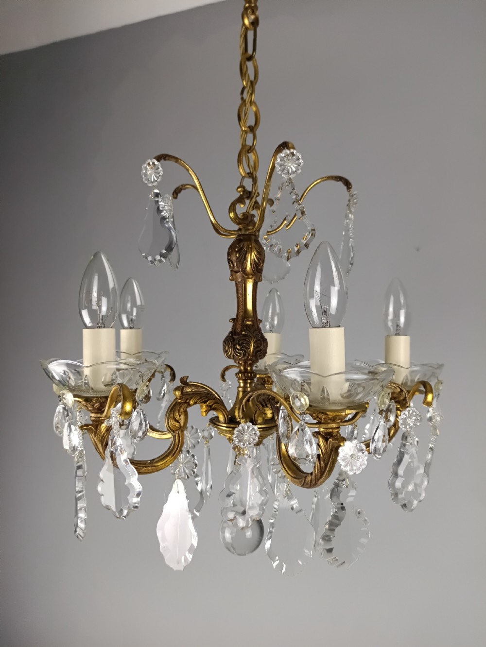 French Gilded Bronze & Crystal 5 Light Chandelier View VII