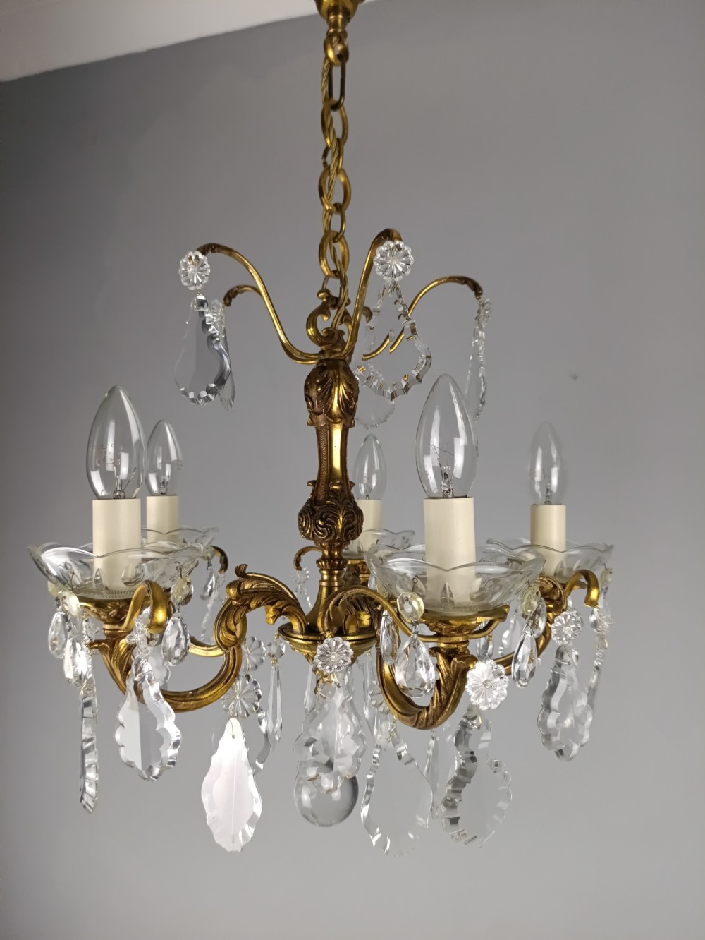 French Gilded Bronze & Crystal 5 Light Chandelier View VIII