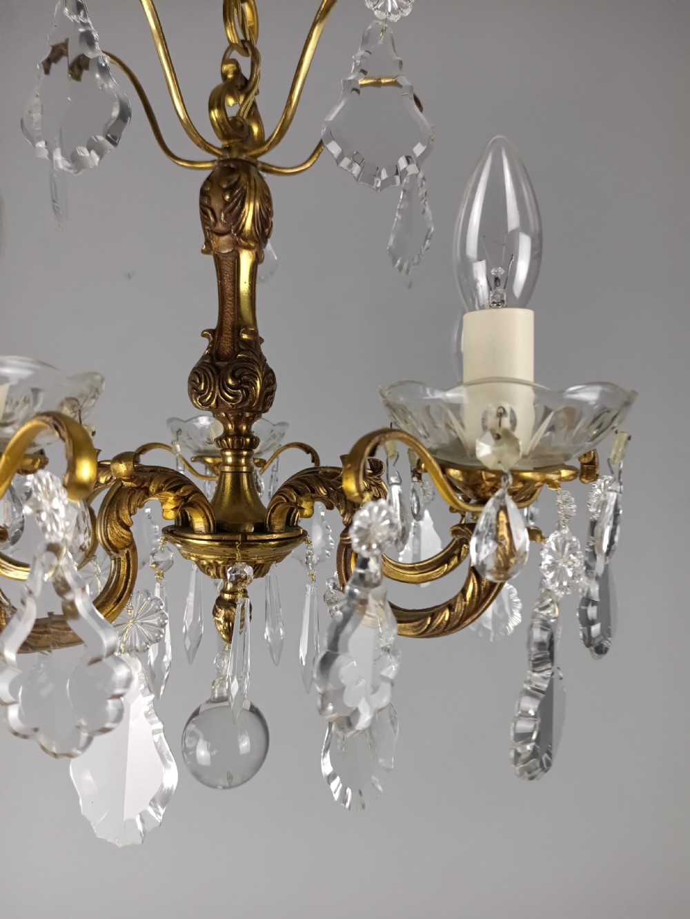 French Gilded Bronze & Crystal 5 Light Chandelier View IX
