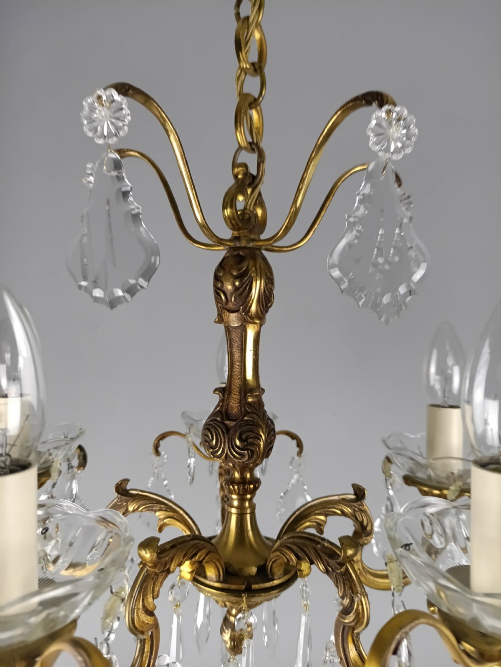 French Gilded Bronze & Crystal 5 Light Chandelier View X