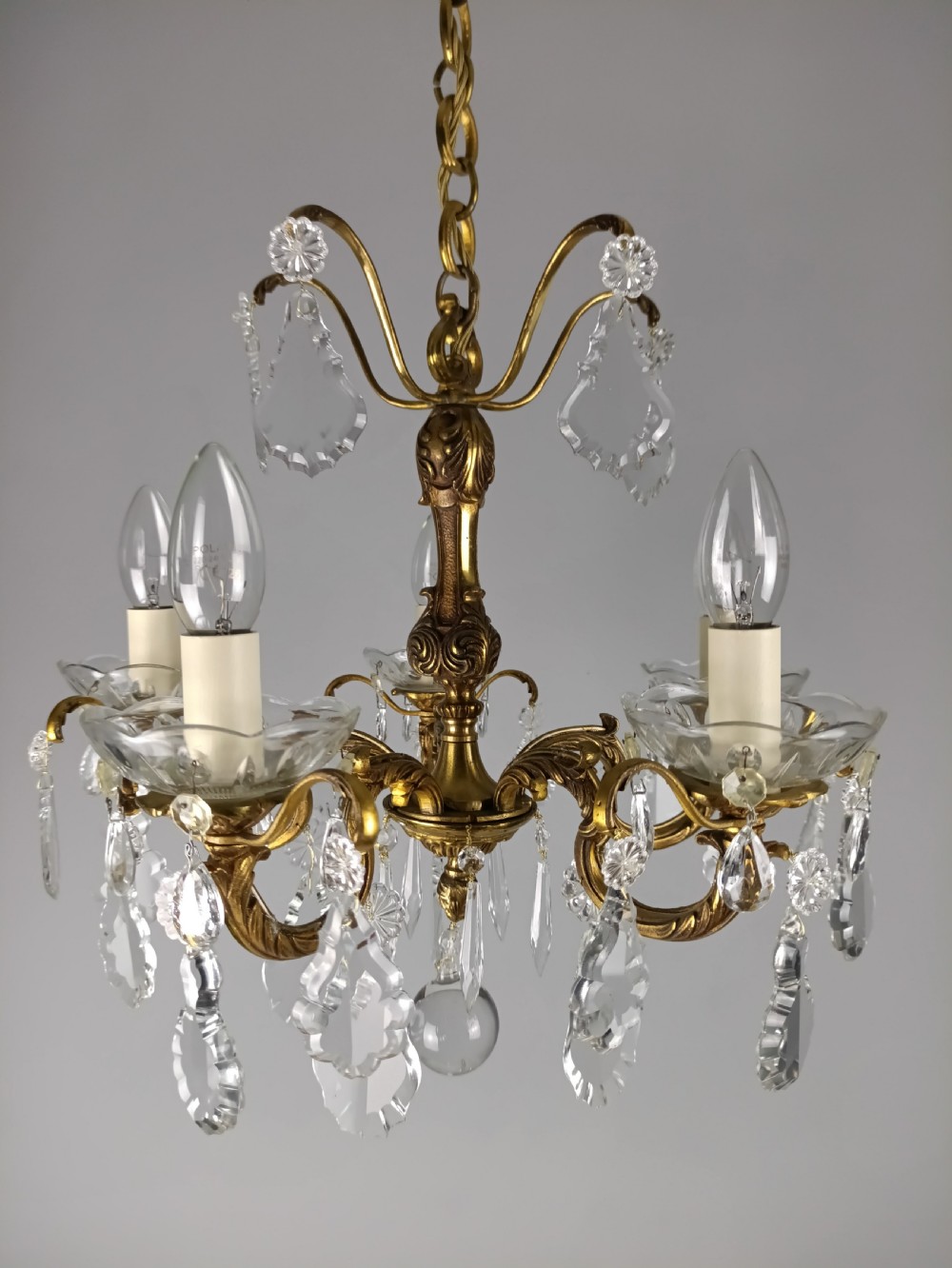 French Gilded Bronze & Crystal 5 Light Chandelier View XII