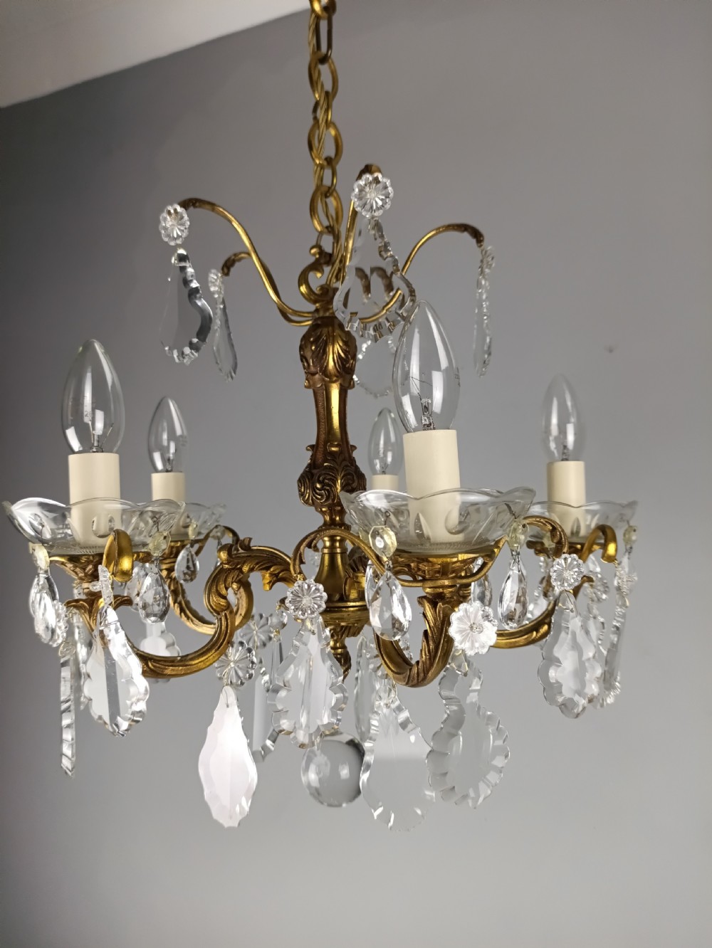 French Gilded Bronze & Crystal 5 Light Chandelier View XIII