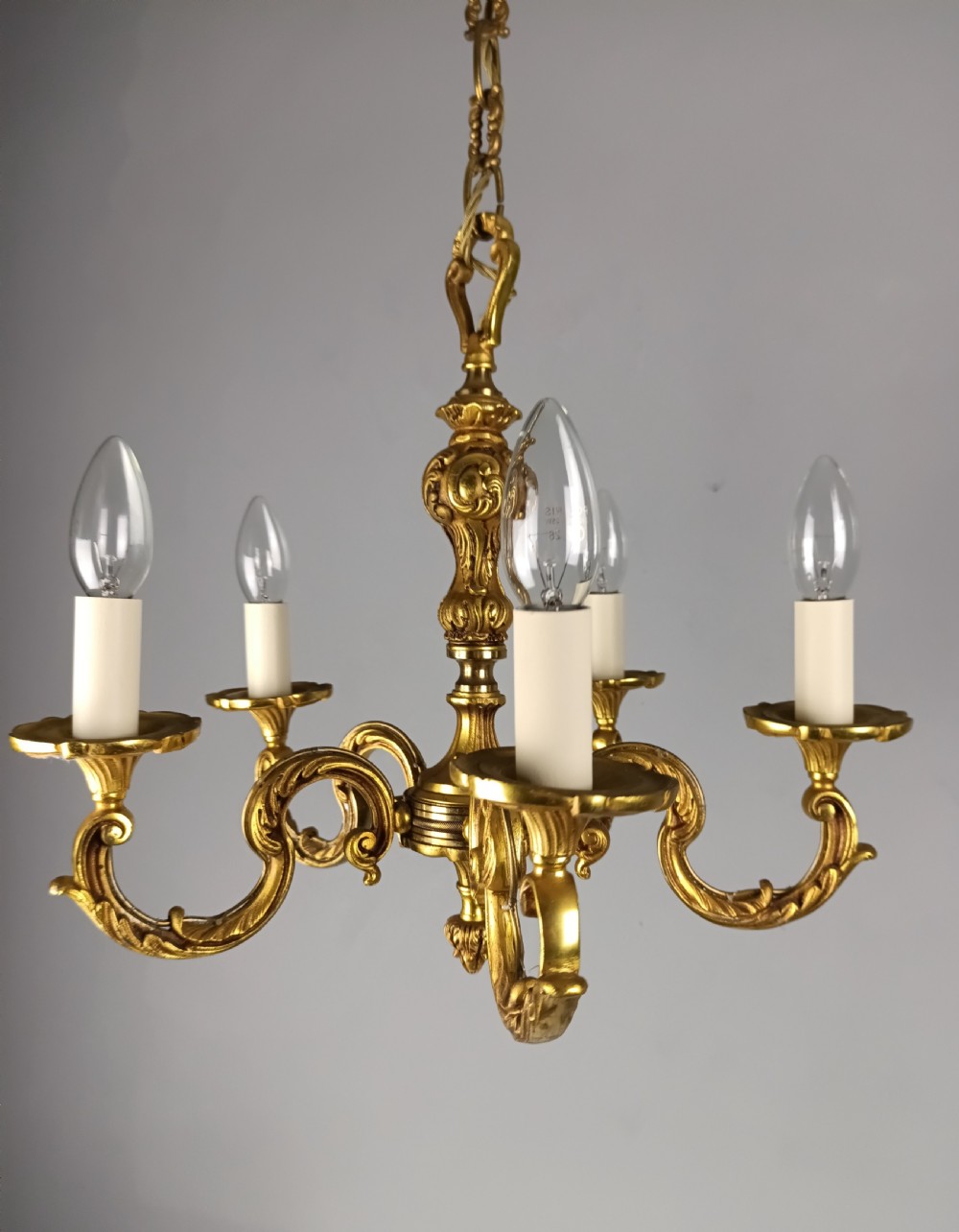 French Gilt Brass 5 Light Chandelier