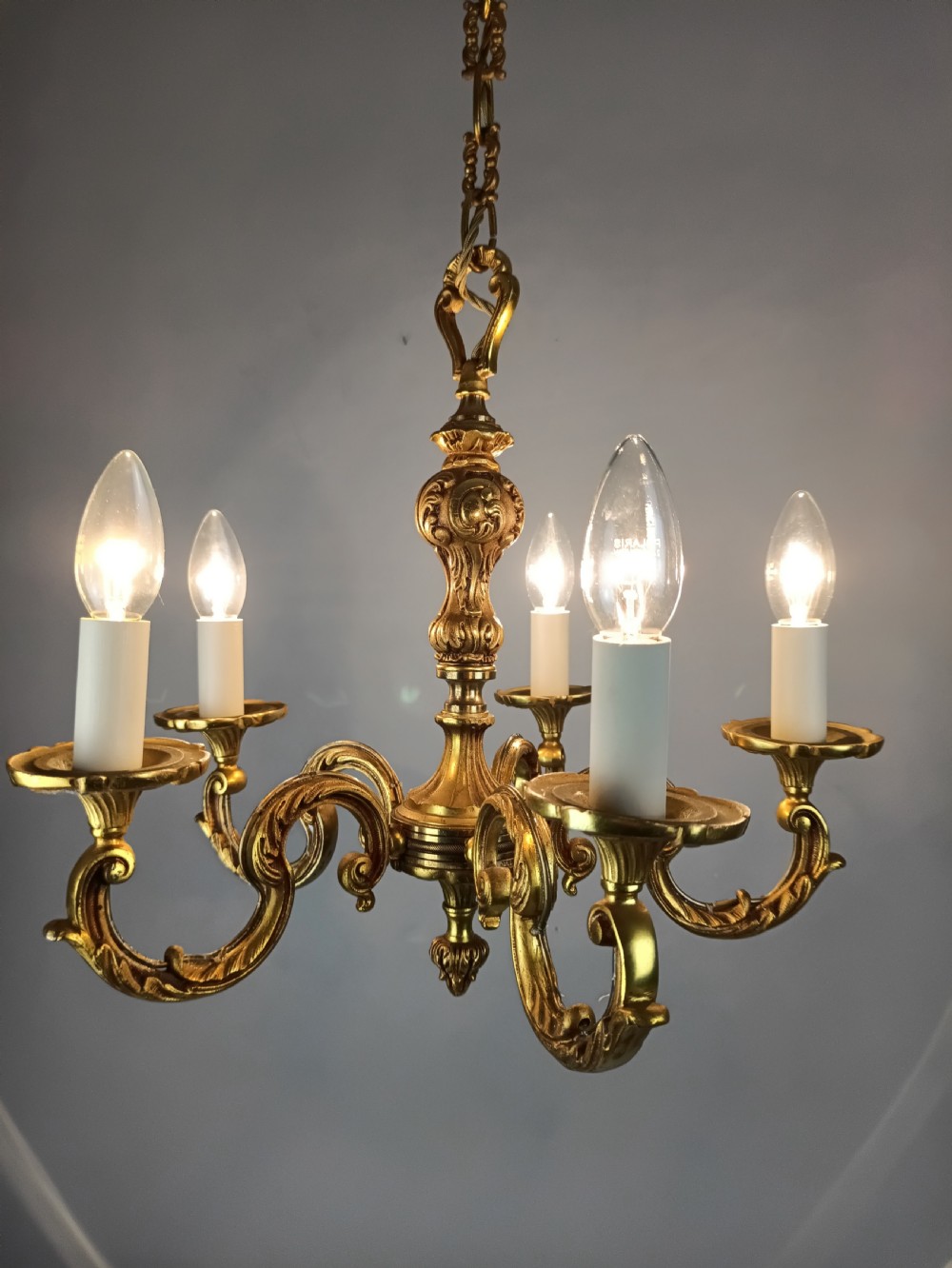 French Gilt Brass 5 Light Chandelier View III