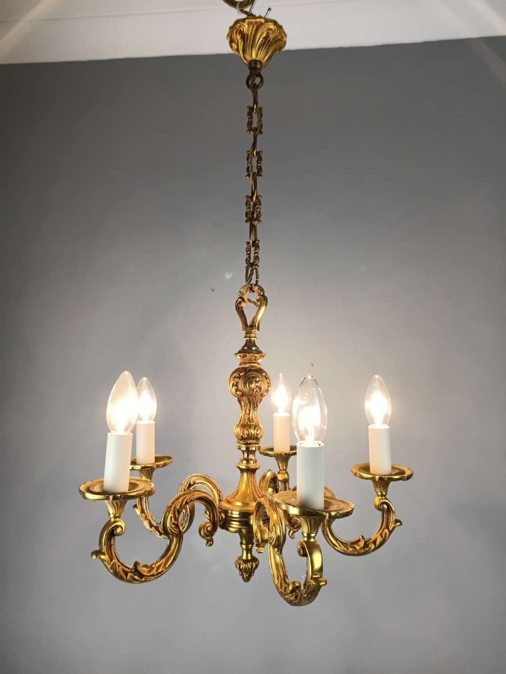 French Gilt Brass 5 Light Chandelier View VI