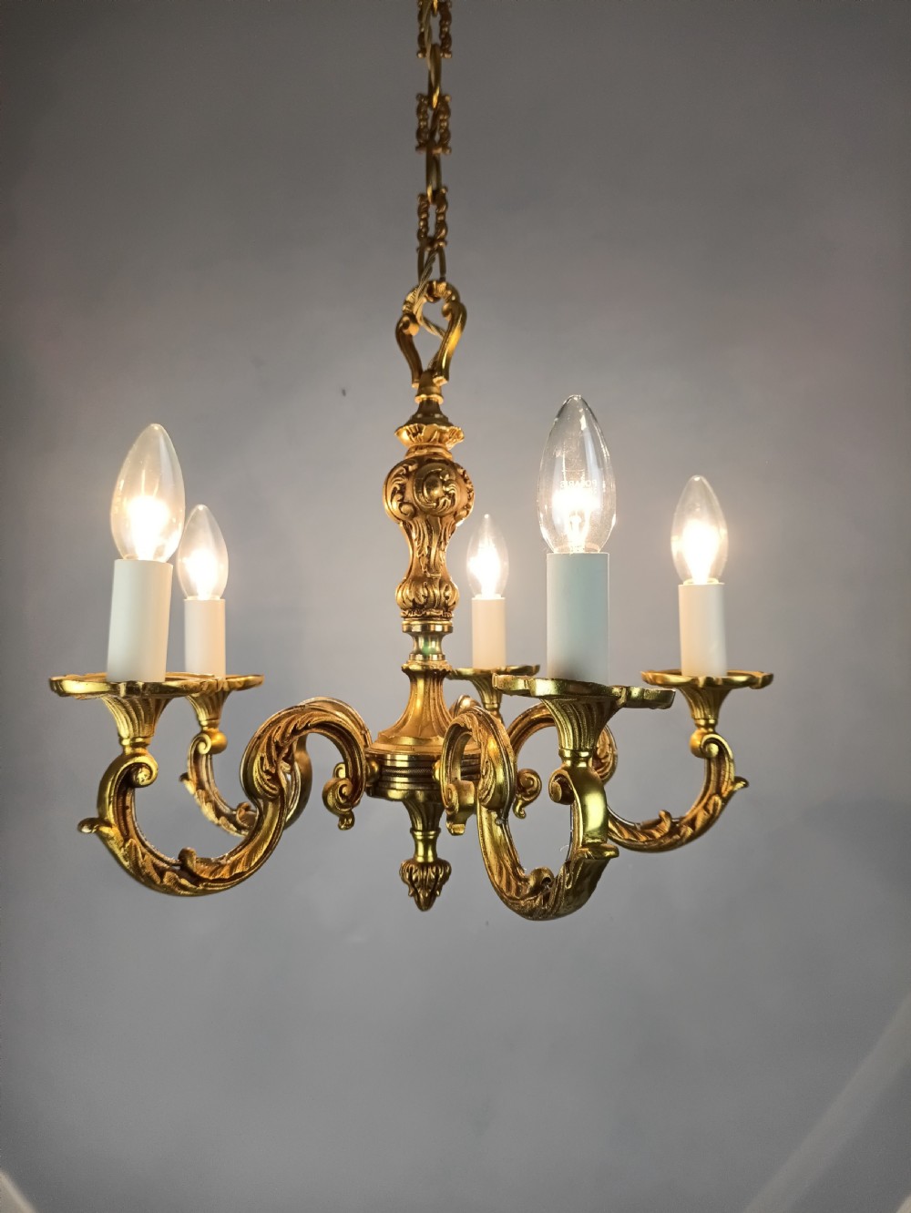 French Gilt Brass 5 Light Chandelier View VII