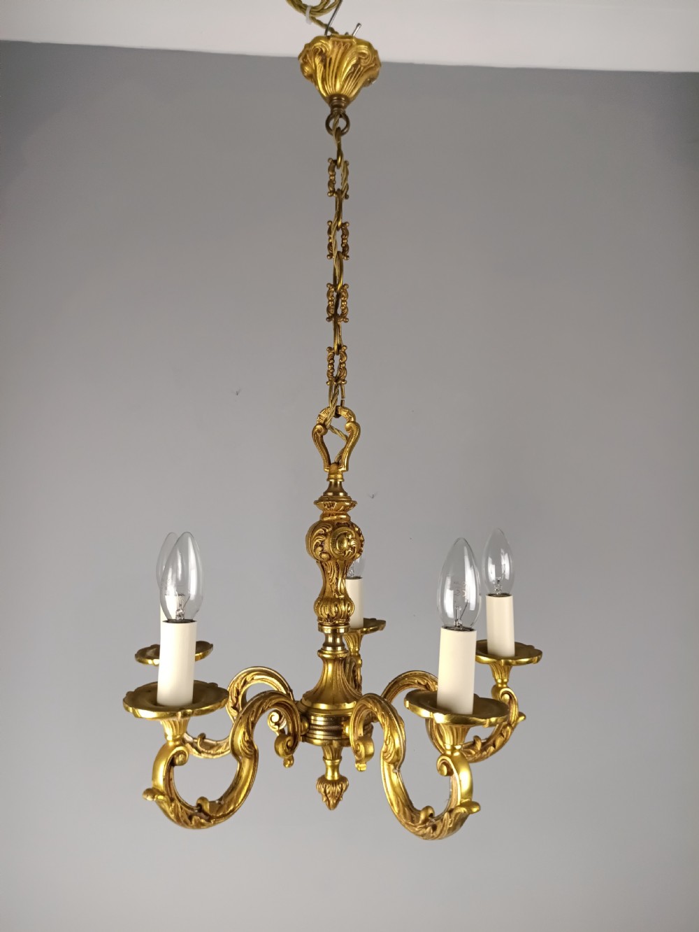 French Gilt Brass 5 Light Chandelier View IX